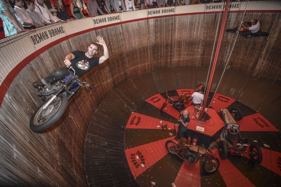 43. Dave Seymour and son Duke ride the wall of death, a family-run “Demon Drome” stunt attraction in Cornwall, Britain - September 13, 2014.