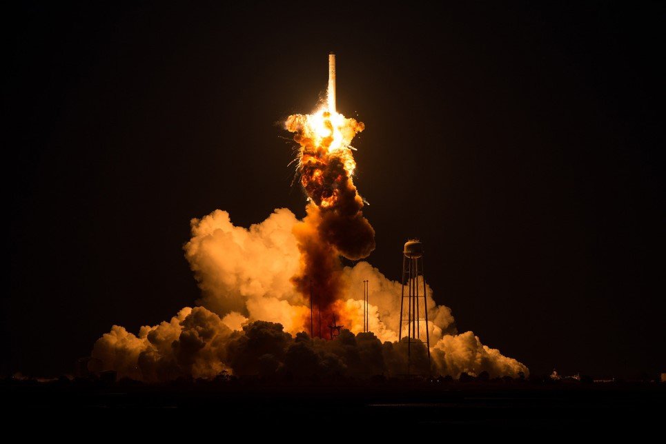 55. The Orbital Sciences Corporation Antares rocket, with the Cygnus spacecraft on board explodes moments after launch from the Mid-Atlantic Regional Spaceport Pad 0A