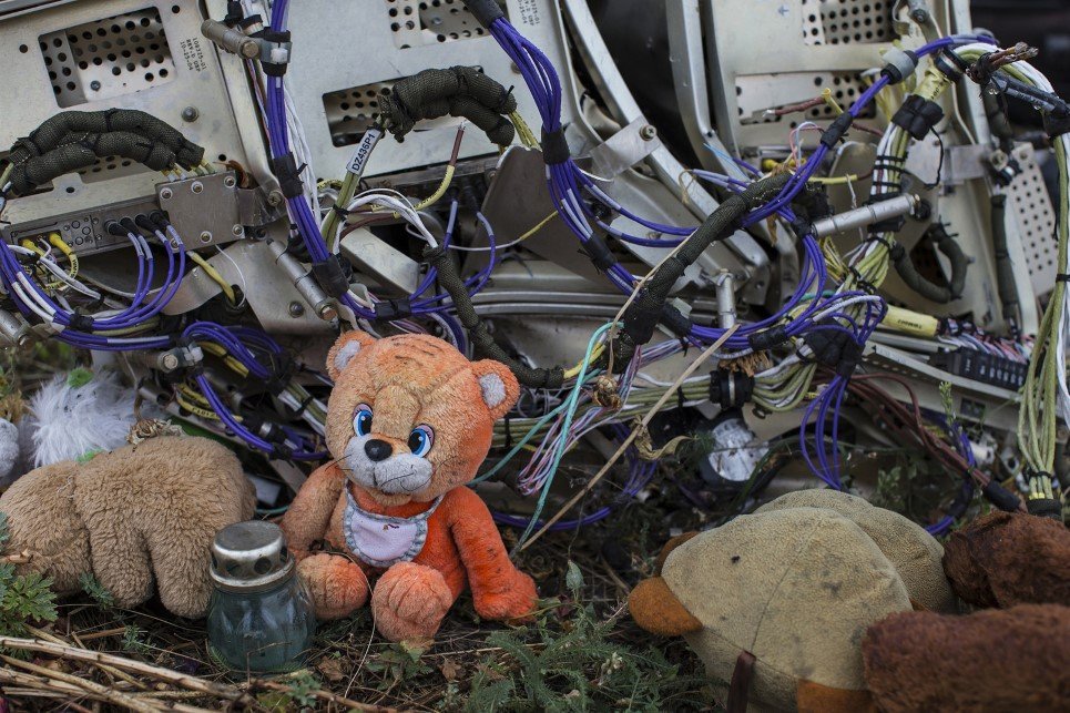 98. A teddy bear is found next to the wreckage at the site of the downed Malaysia Airlines 17 in eastern Ukraine - September 9.
