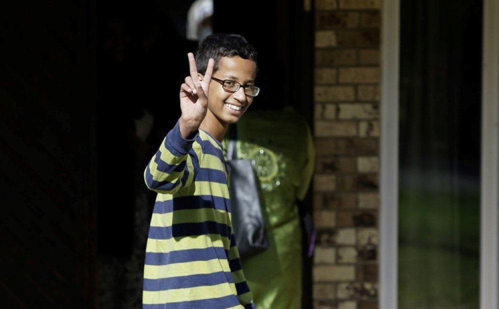 Ahmed Mohamed greets press after he was arrested at his school when a teacher thought a homemade clock he built was a bomb.