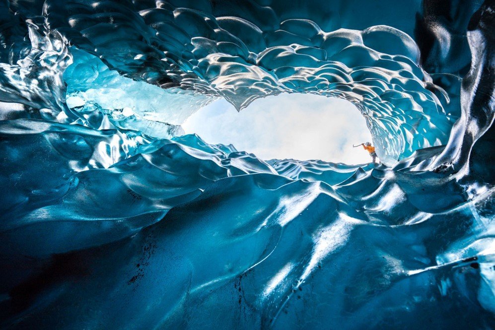 Looking up from inside the amazing Blue Cave in Iceland.