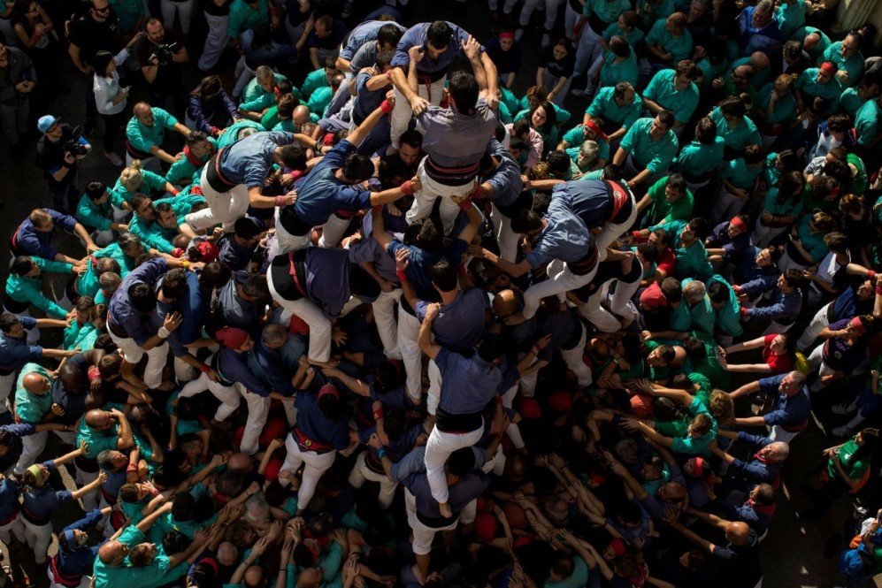 the group colla els capgrossos de mataro form a human tower called castell during the all saints day in vilafranca del penedes town near barcelona spain on november 1 2017