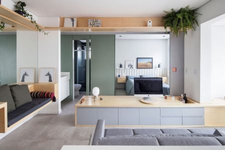 Intelligently incorporated built-ins make this tiny apartment look spacious