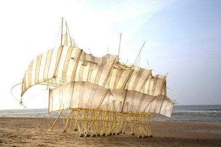 This wind powered kinetic sculpture imitates caterpillar’s undulating movement