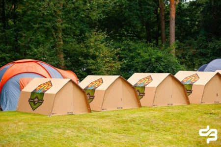 This one time use tent is made out of 100% recycled cardboard