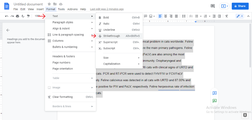 How to strikethrough text in google docs