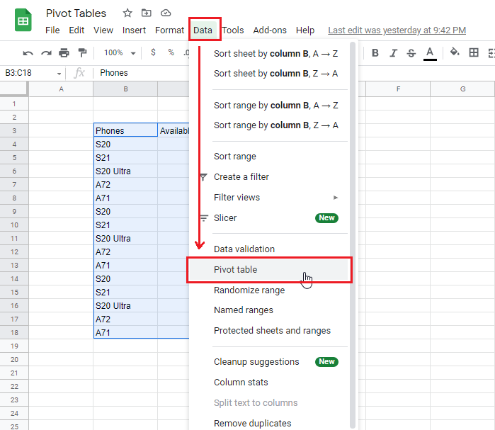 Pivot Table in Google Sheets Example