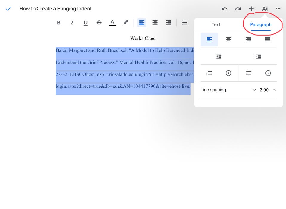 hanging indent google doc