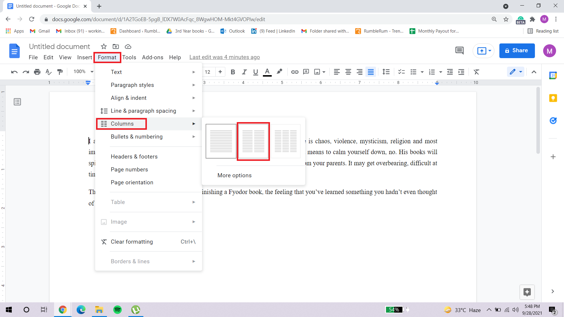 columns in google docs 