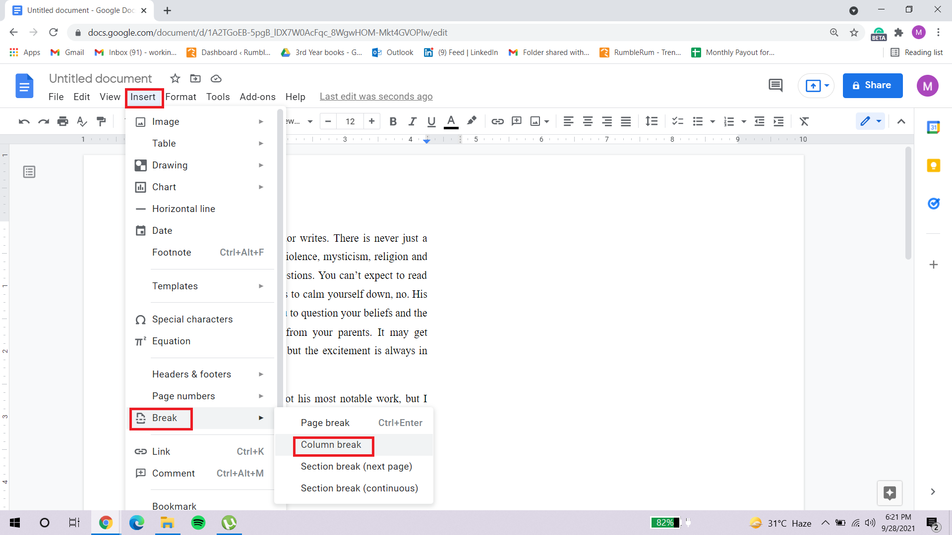 columns in google docs 