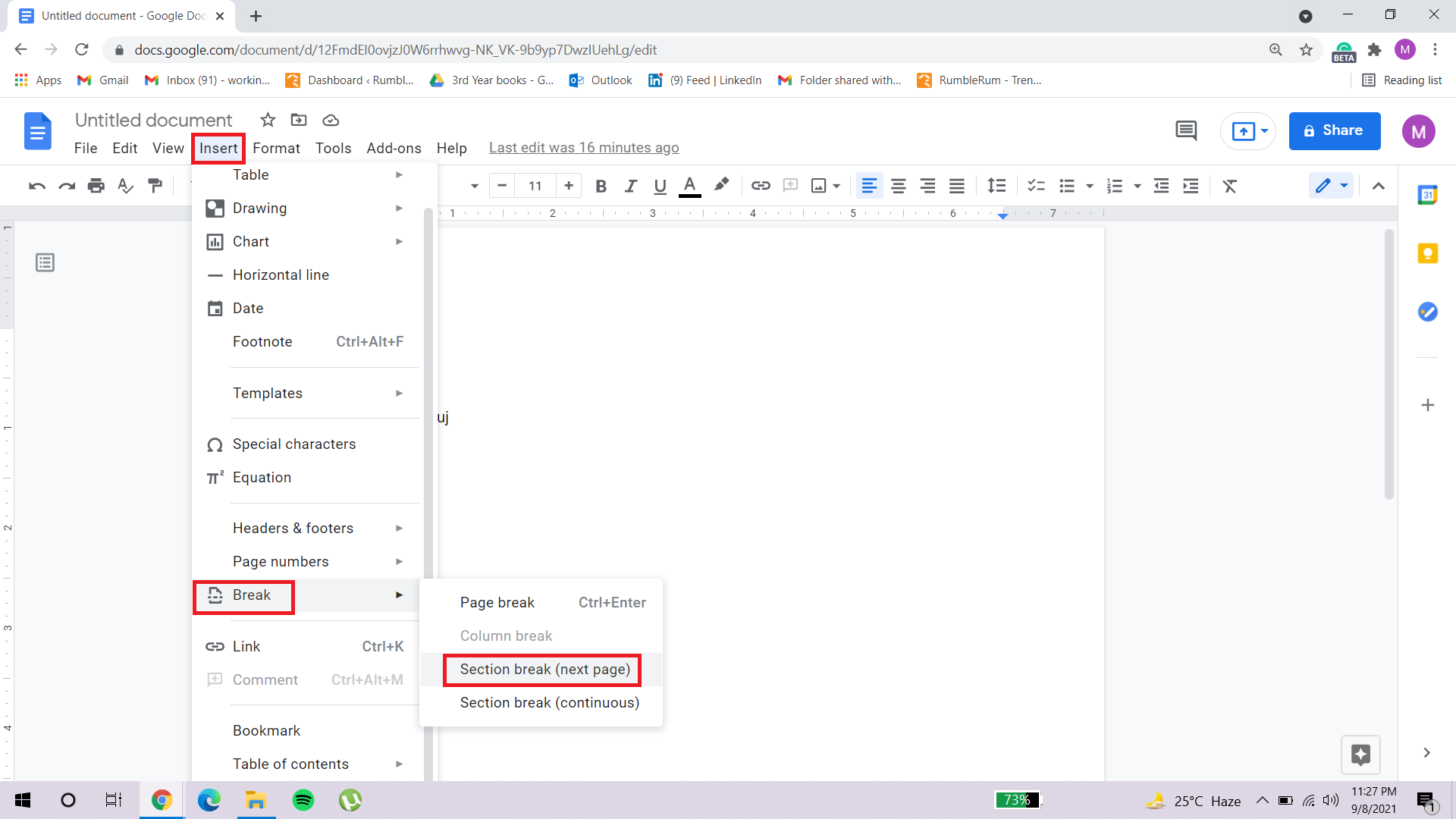 how to delete a page in google document