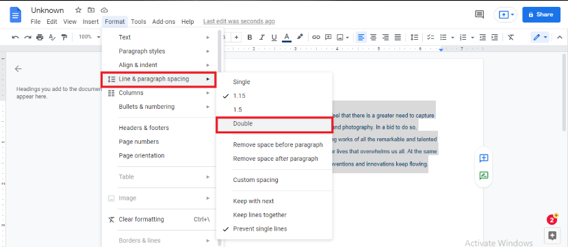 how to double space in google docs