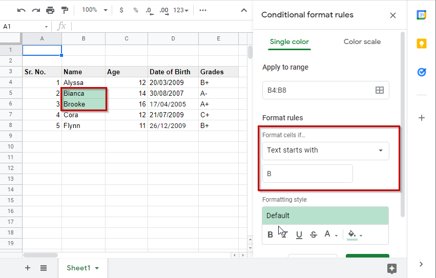 Conditional Formatting Google Sheets