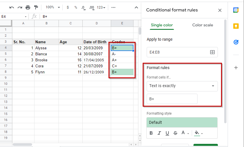 Conditional Formatting Google Sheets