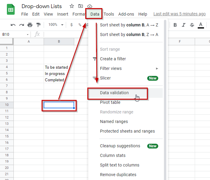 Google Sheets drop down 