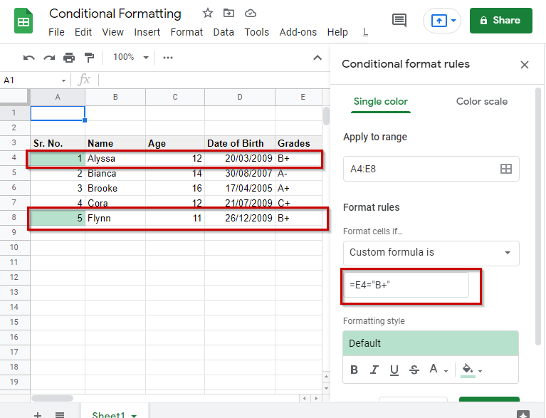 Conditional Formatting Google Sheets