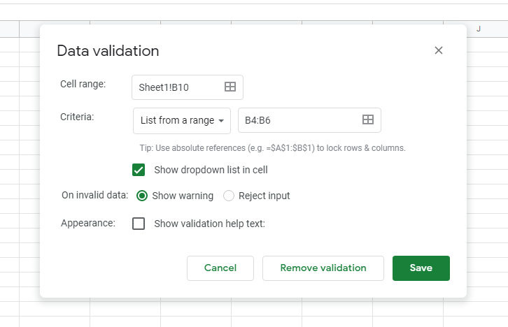 Google Sheets drop down 