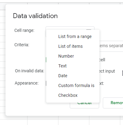 Google Sheets drop down 