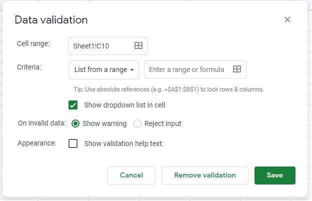 Google Sheets drop down