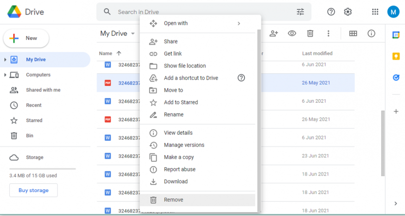 Screenshot of Google Drive Dashboard, My Drive is opened, right click on file opens a dropdown menu, remove is selected