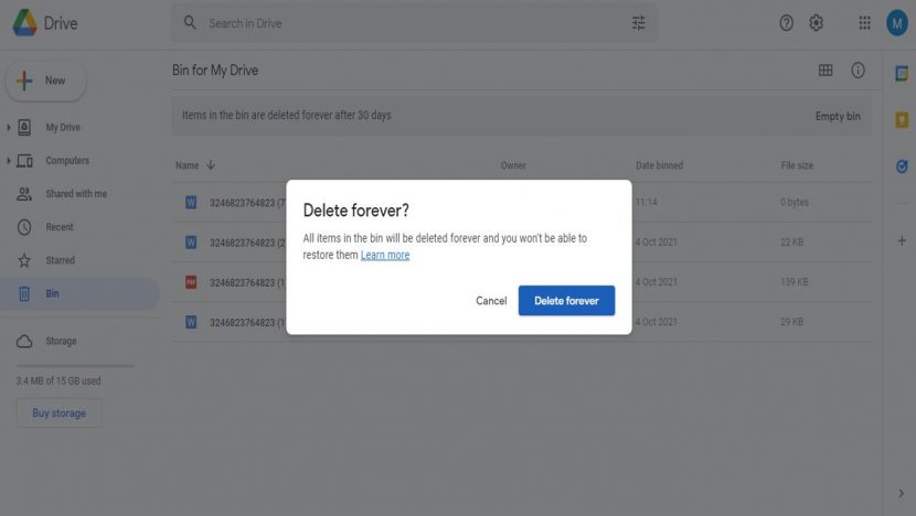 A pop up message asking users permission to delete the file forever.