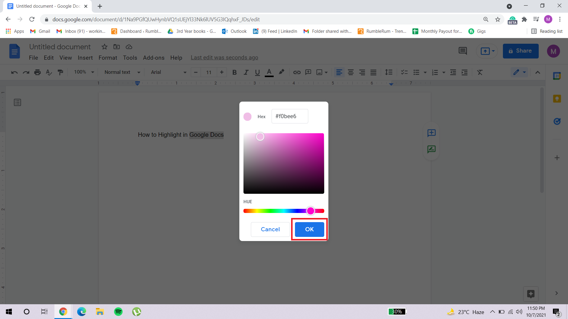 how to highlight in google docs