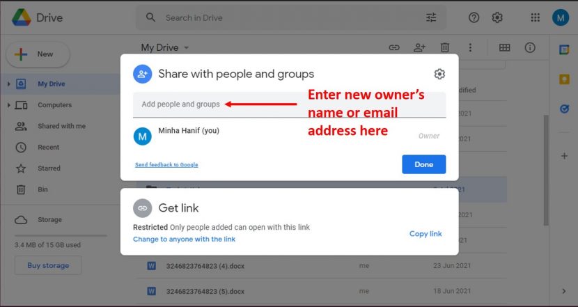 A place is shown where email of people can be added for sharing