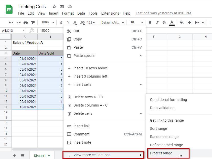 how to lock cells in Google Sheets