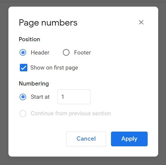 how to add page numbers in google docs