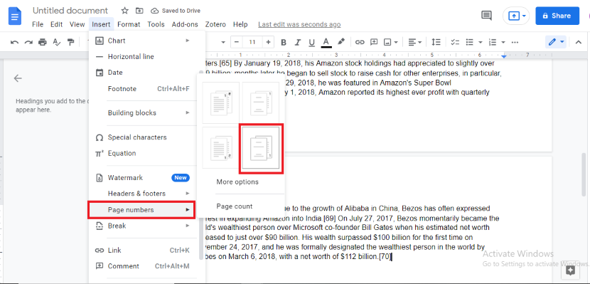 how to add page numbers in google docs