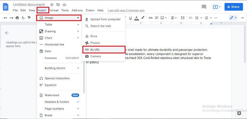 In google docs window, insert is selected from menu, next select image, then select ' By URL'