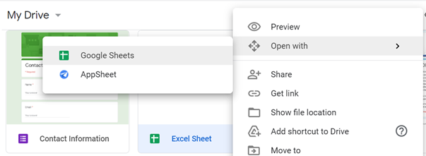 In My Dive dashboard, required file is right clicked, select Open with and then select google sheets