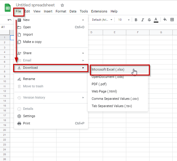 File dropdown in new google spreadsheet, click download and then cursor on Microsoft Excel
