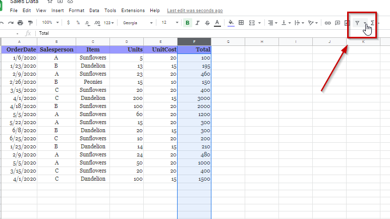 google sheets filter